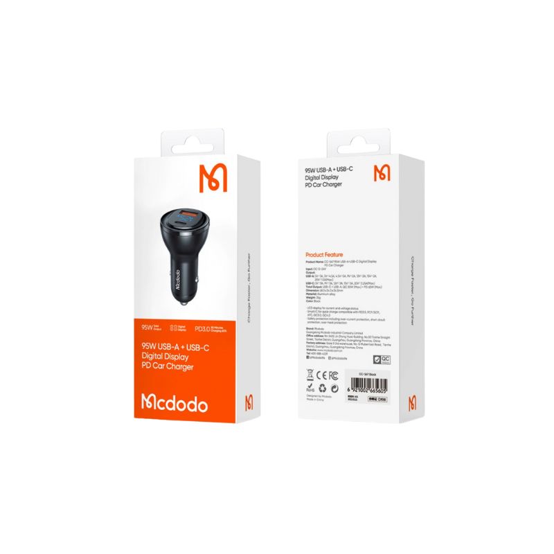 95W USB-A USB-C Digital Display PD Car Charger